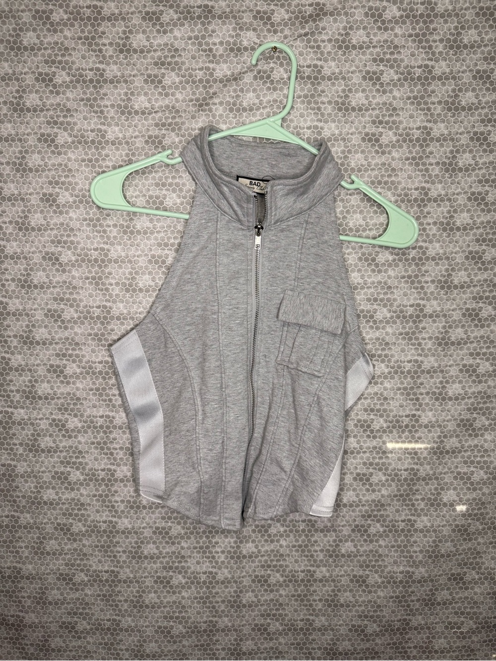 BAD Society Club Women L Gray White Full Zip Sleeveless Vest Pockets Cotton